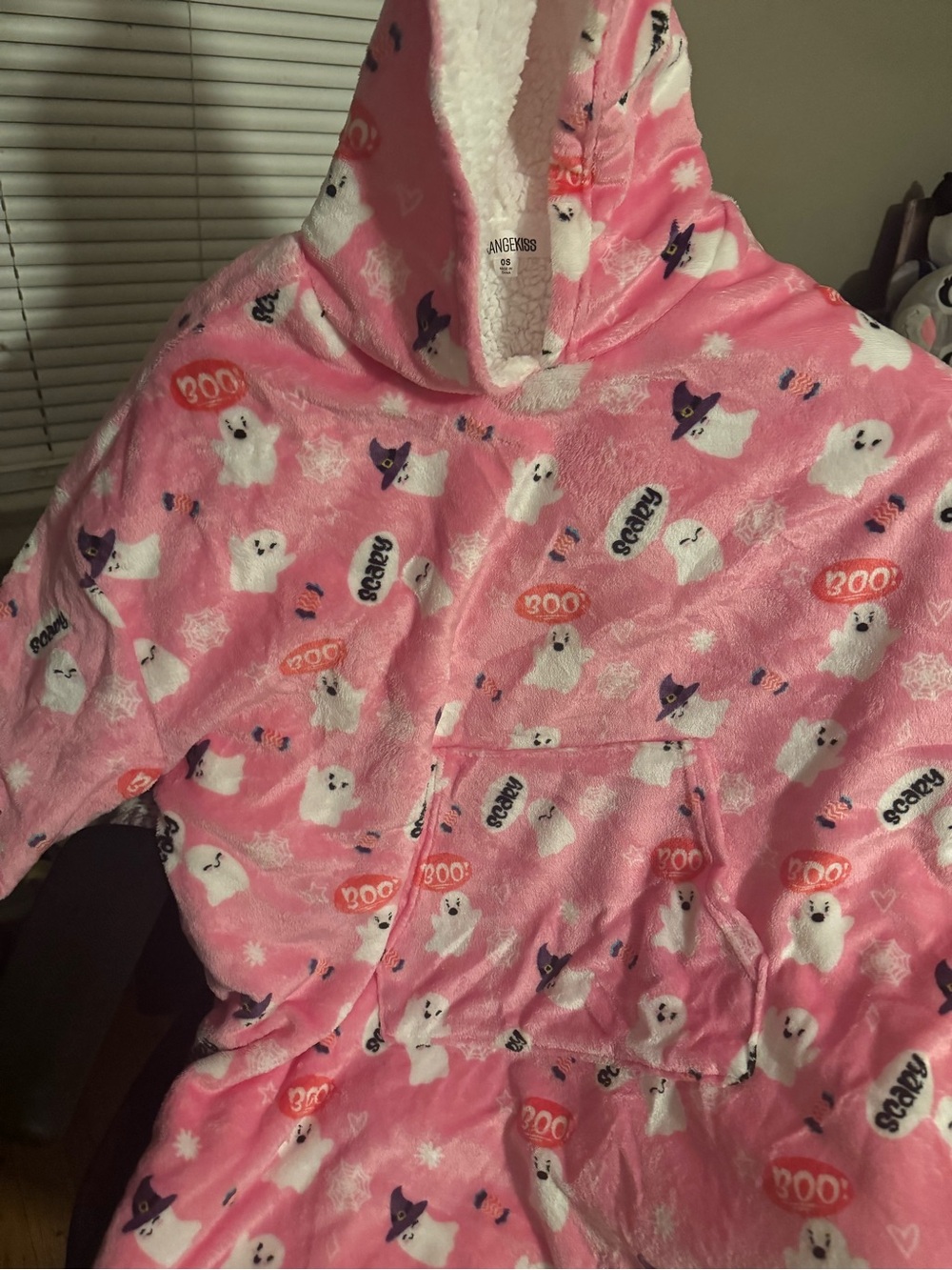 Kids Pink Hooded Fleece Pajama Poncho - Cozy Ghost Print